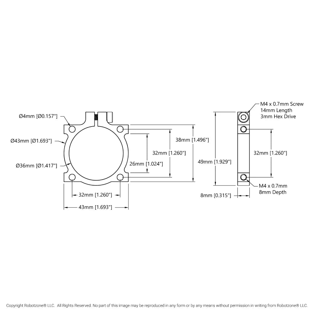 ServoCity 1401 シリーズ 2 面、2 ポスト クランプ マウント (幅 43 mm、内径 36 mm)