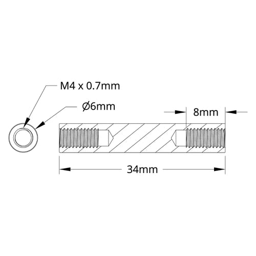 ServoCity 1501 Series M4 x 0.7mm Standoff (6mm OD, 34mm Length) - 4 Pack ServoCity 1501シリーズ M4 x 0.7mm スタンドオフ (外径 6mm 長さ 34mm) - 4個