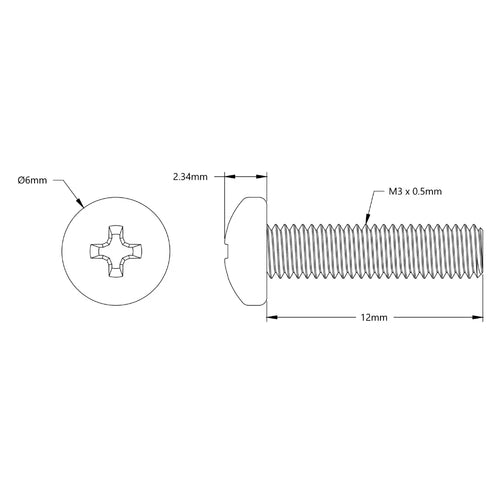 ServoCity M3 x 0.5mm Zinc-Plated Pan Head Screw (12mm Length) - 6 Pack ServoCity M3 x 0.5mm 亜鉛メッキ なべ頭ネジ (長さ 12mm) - 6 個パック