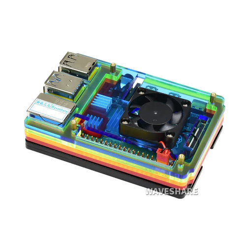 Waveshare Colorful Rainbow Acrylic Case for Raspberry Pi 4 w/ Cooling Fan Waveshare カラフルレインボーアクリルケース Raspberry Pi 4用 冷却ファン付き