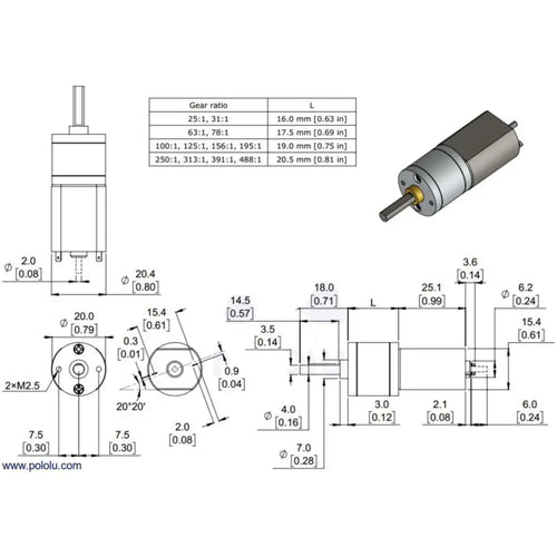 125:1 金属製ギアモータ 20D x 44L 6V CB 延長シャフト付