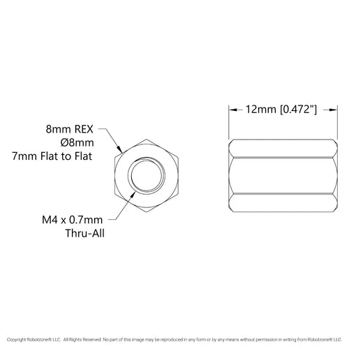 1516 シリーズ 8mm REX™ スタンドオフ (M4 x 0.7mm スレッド、長さ 12mm) - 4 個パック