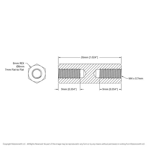 1516 シリーズ 8mm REX™ スタンドオフ (M4 x 0.7mm スレッド、長さ 26mm) - 4 個パック