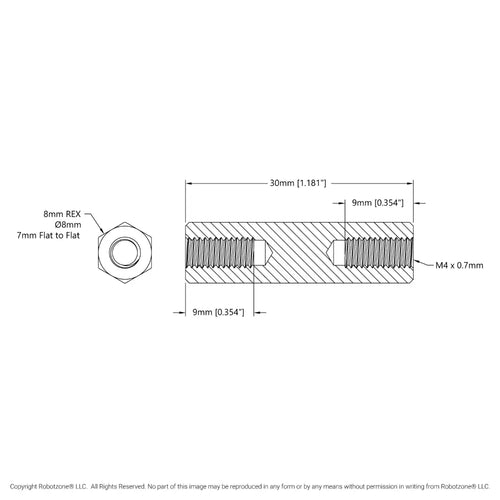 1516シリーズ 8mm REX™スタンドオフ (ネジ部 M4 x 0.7mm 長さ 30mm) - 4個