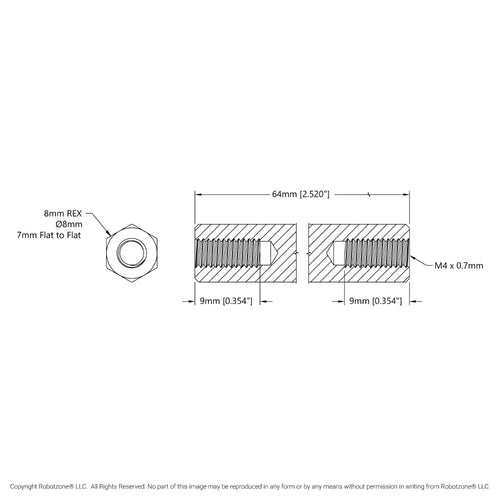 1516シリーズ 8mm REX™スタンドオフ (M4 x 0.7mmスレッド 長さ64mm) - 4個