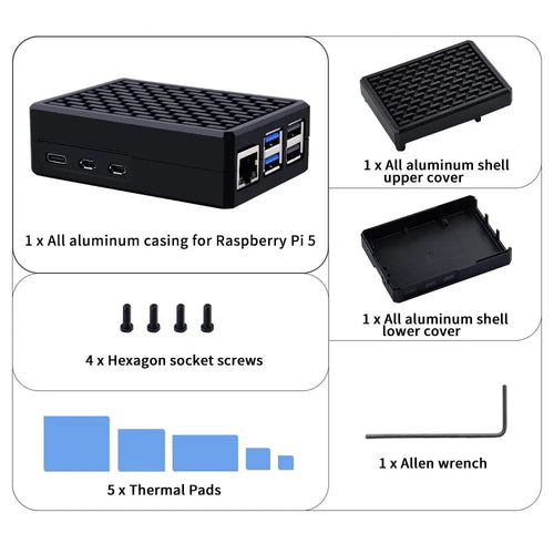 52Pi Armor Case V5 パッシブ冷却アルミニウムシェル (Raspberry Pi 5用、黒色)