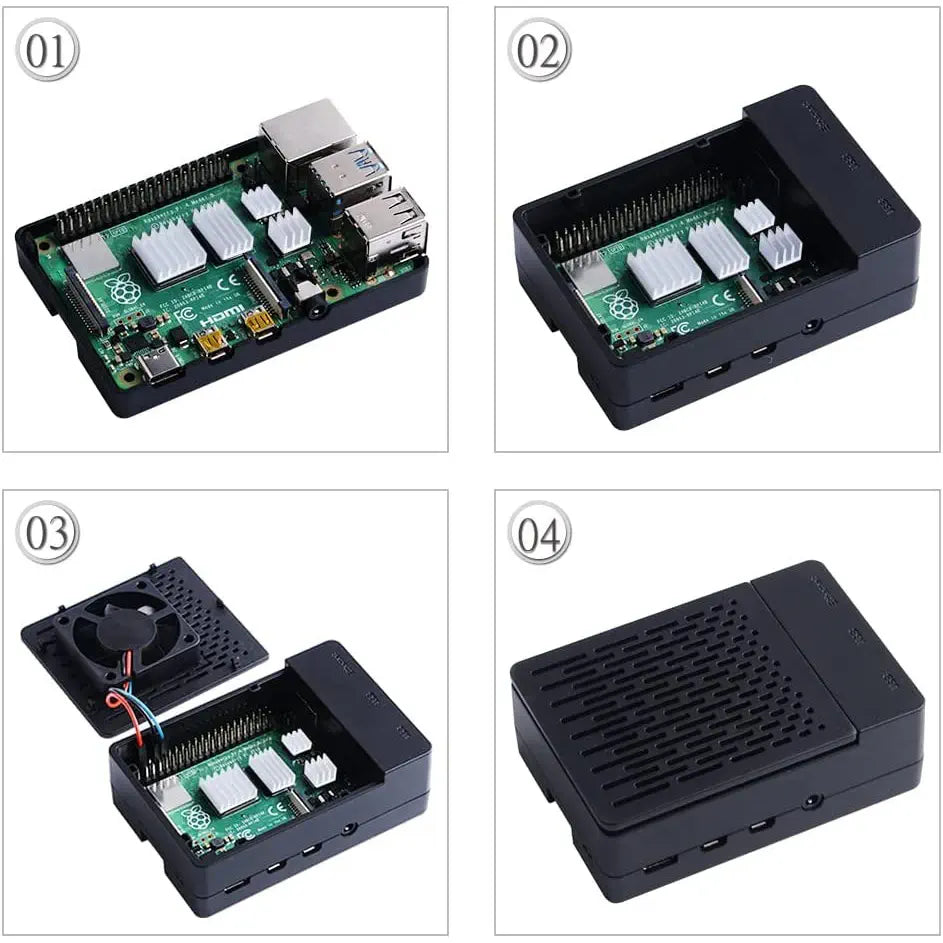 Raspberry Pi 4 B用 52Pi ファン内蔵 ABSケース (ヒートシンク付き、黒色)