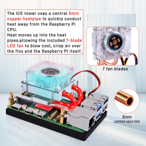 52Pi ロープロファイル ICE タワー 冷却ファン RGB LED ライト Raspberry Pi 5 用