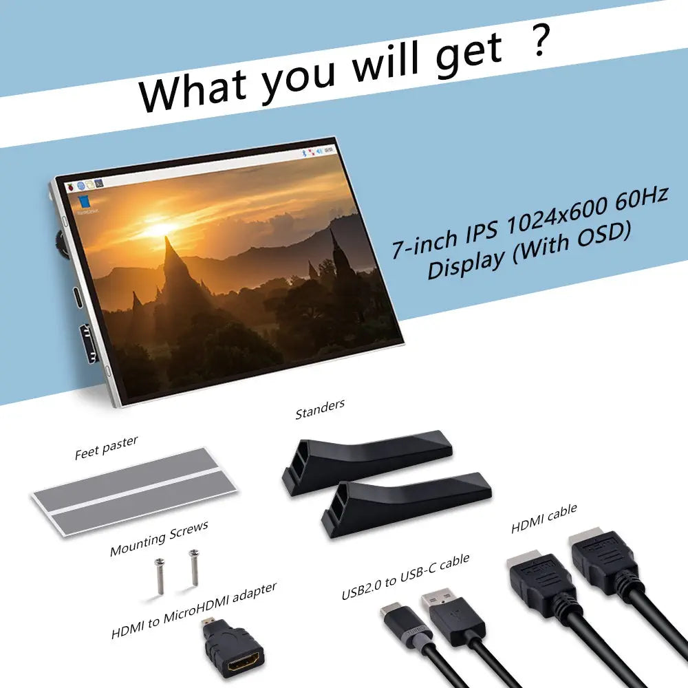 【新品・未使用】モニター　モバイル　7インチ　1024x600@60hz 液晶パネル Hdmi/USB C 超薄9.9mm 軽量241g スピーカ内蔵　USB 7 inch 1024 x 600 IPSディスプレイ 60Hz ポータブルモニタ (RPi