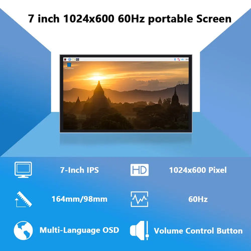 7 inch 1024 x 600 IPSディスプレイ 60Hz ポータブルモニタ (RPi / Windows PC 用、タッチ機能なし)