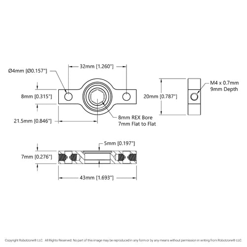8mm REX™ボア 2サイド 1ポスト ピローブロック (幅43mm)
