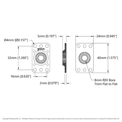 8mm REX™ ボアフラットピローブロック (16mm x 32mm 取り付けパターン) - 2 パック