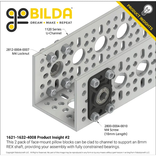8mm REX™ ボアフラットピローブロック (16mm x 32mm 取り付けパターン) - 2 パック