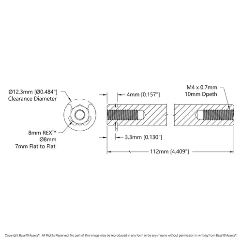 8mm REX™シャフト (E クリップ付き、ステンレススチール製、長さ 112mm)