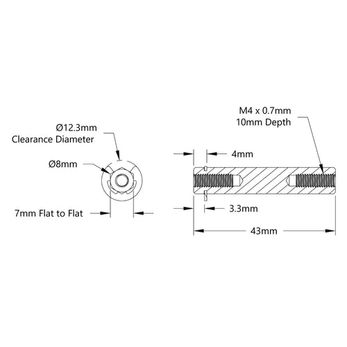 8mm REX™シャフト（Eクリップ付き）（ステンレススチール製、長さ 43mm）