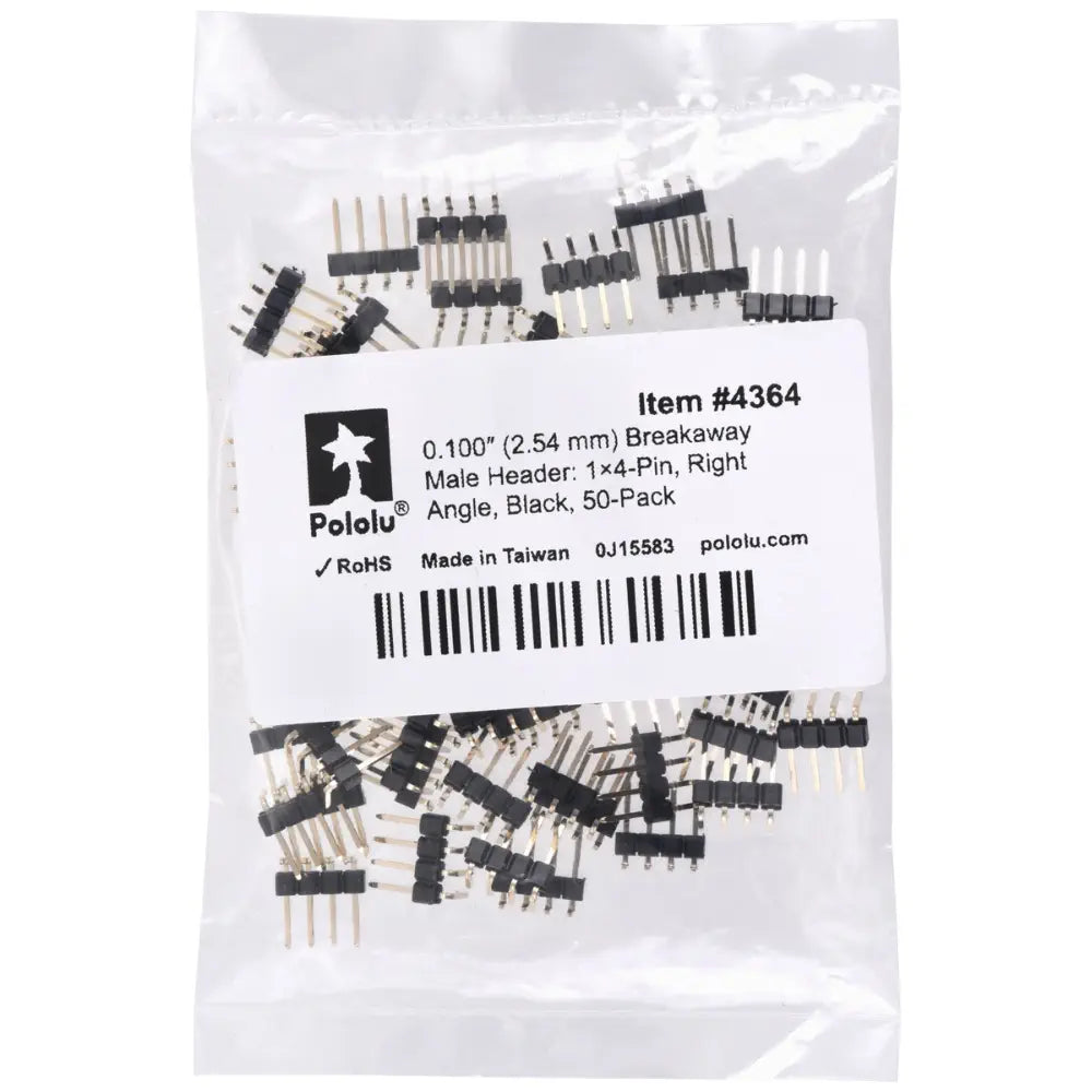 Pololu 0.100″ (2.54mm) ブレークアウェイ・オス・ヘッダー：1×4ピン、ライトアングル、ブラック、50個パック