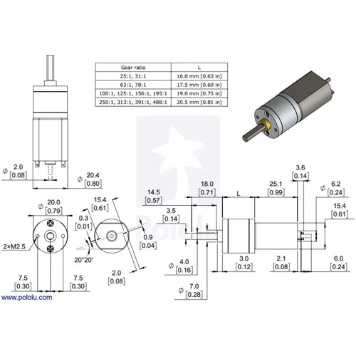 Pololu 31:1 メタルギアモーター 20Dx41L mm 6V
