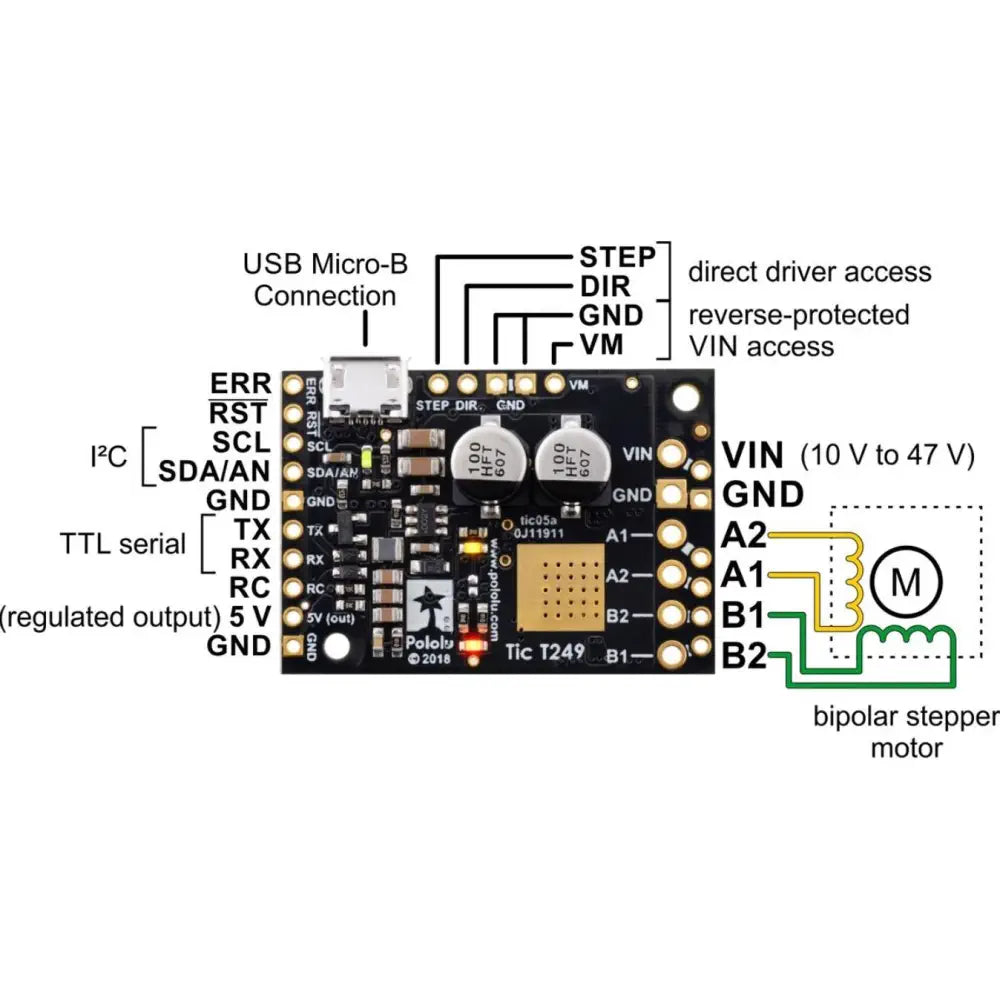 Tic T249 USBマルチインターフェースステッピングモーターコントローラー（はんだ付け）