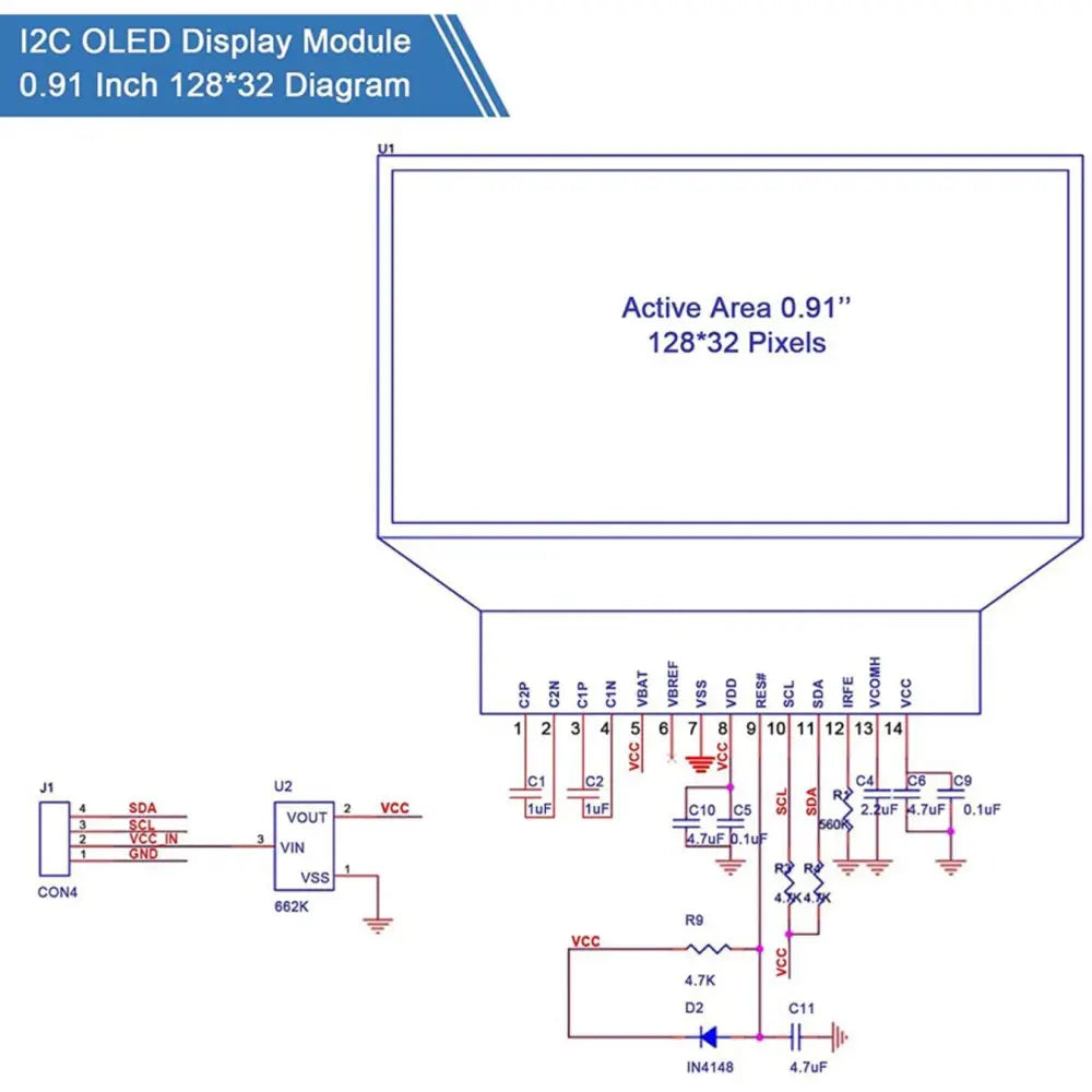 0.91インチ I2C OLEDディスプレイモジュール 青色 I2C OLED スクリーンドライバ  DC3.3〜5V（5個）