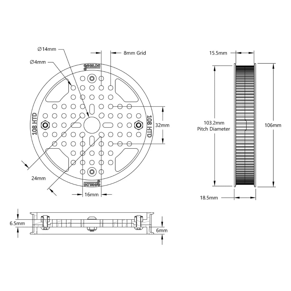 ServoCity 3402シリーズ 3mm HTDピッチ プラスチックハブマウント タイミングベルトプーリ (内径 14mm 、108T)