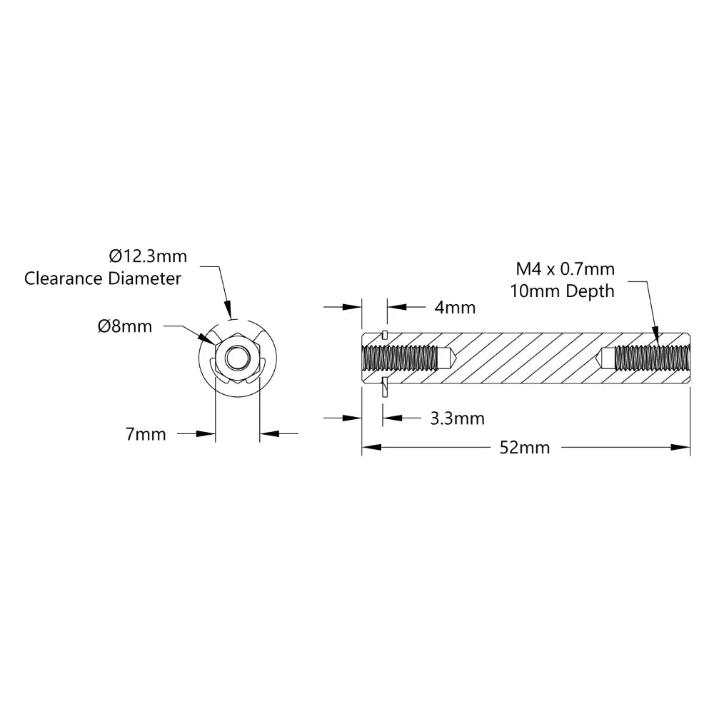 ServoCity 8mm REX™ シャフト (E クリップ付き) (ステンレススチール、長さ 52mm)