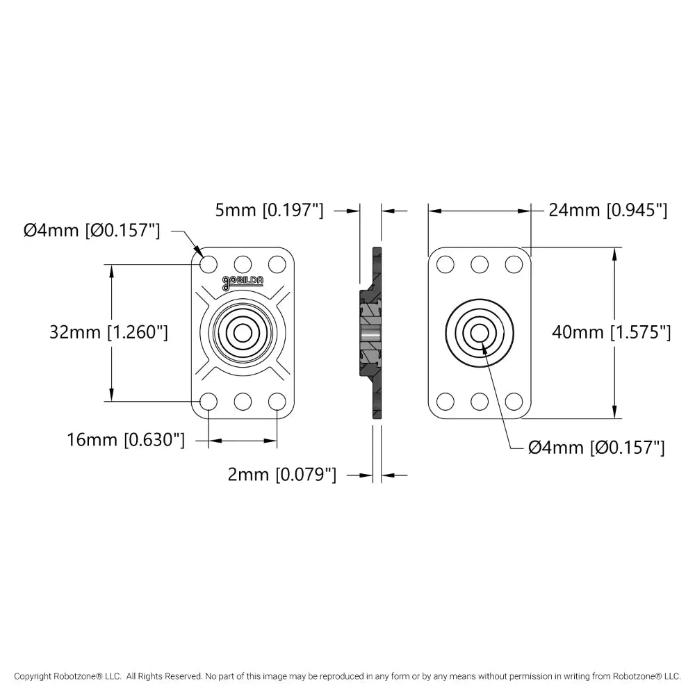 ServoCity フラットピローブロック (内径 4mm、取付パターン 16mm x 32mm) - 2個パック