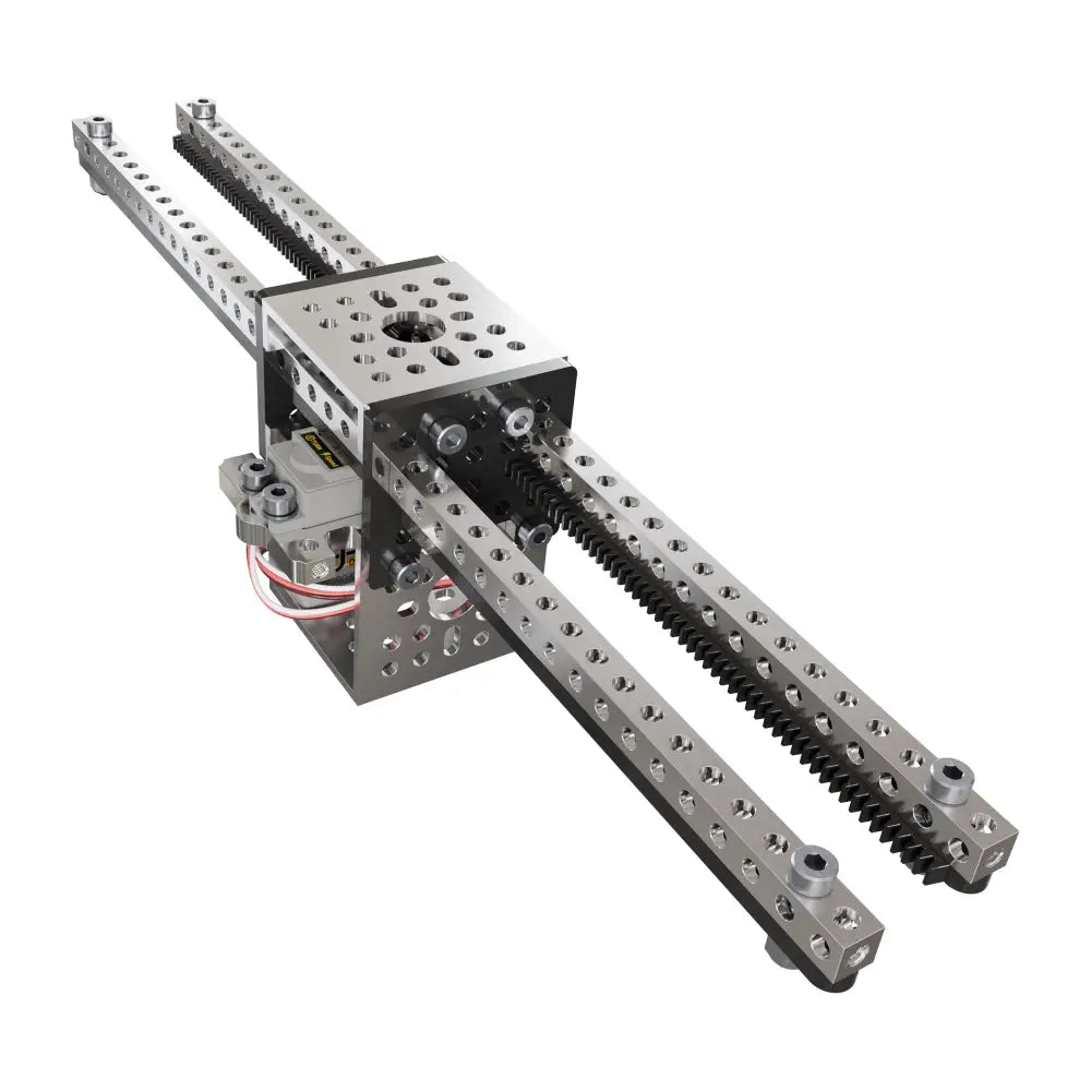 ServoCity サーボ駆動ギア ラック キット (推力 24 ポンド、5.7 インチ/秒、デュアル ギア ラック)