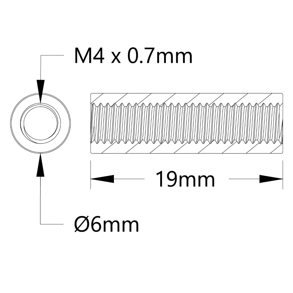 ServoCity 1501 シリーズ M4 x 0.7mm スタンドオフ (外径 6mm、長さ 19mm) - 4 個パック