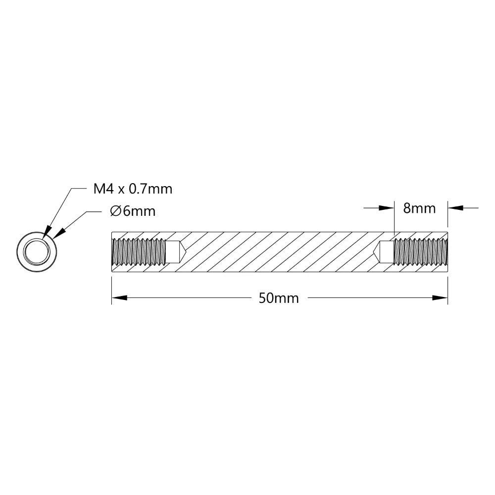 ServoCity 1501シリーズ スタンドオフ (ネジ穴 M4 x 0.7mm、外径 6mm、長さ 50mm) - 4個パック