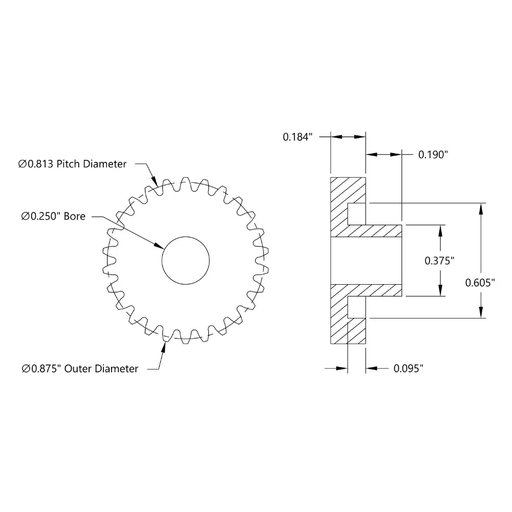 ServoCity 32P、26T、内径0.250" (1/4)、プレーンボアギア (デルリン)