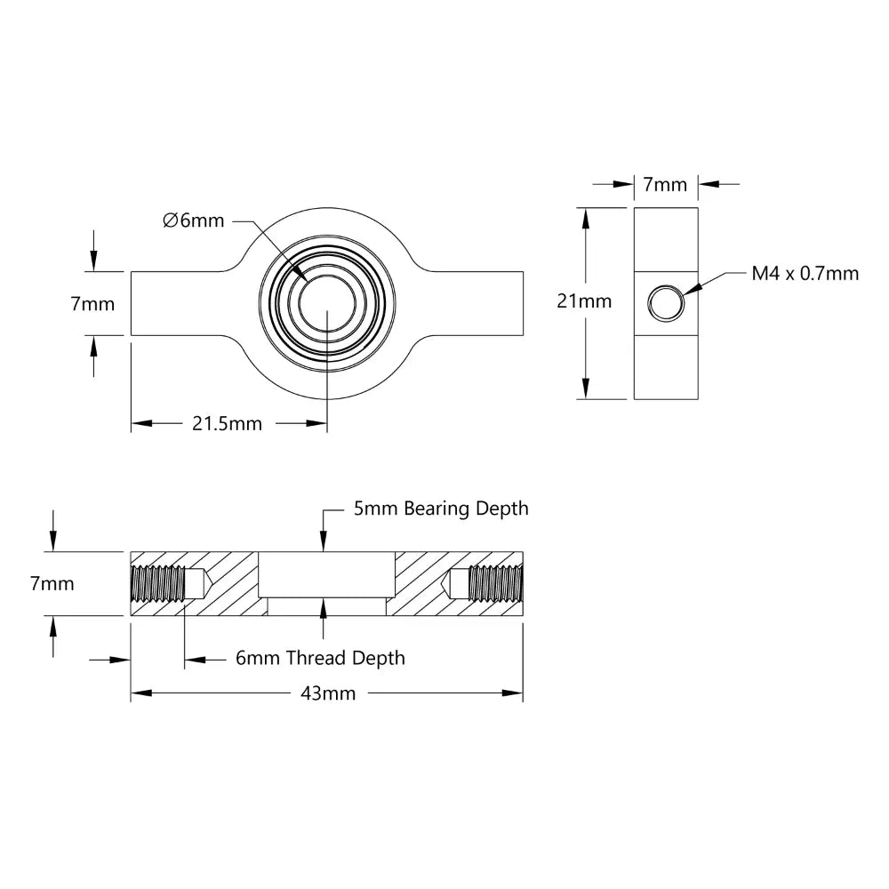ServoCity 2サイド、1ポスト ピローブロック (内径 6mm、幅 43mm)