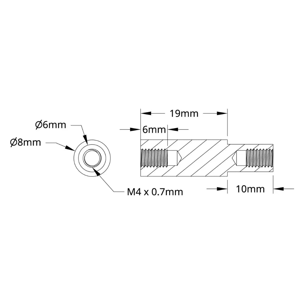 ServoCity 1503シリーズ M4 x 0.7mm 段付きスタンドオフ (外径 6/8mm、長さ 10/19mm) - 4個パック
