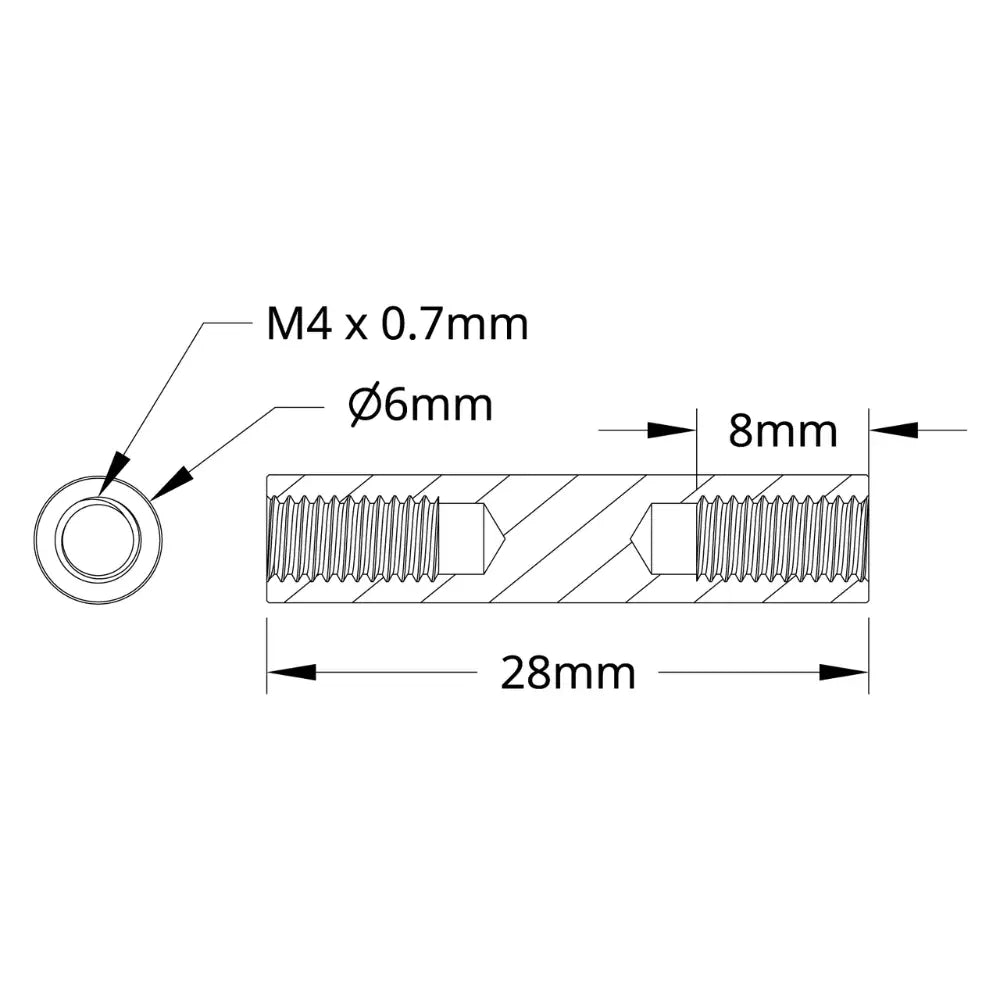 ServoCity 1501 シリーズ M4 x 0.7mm スタンドオフ (外径 6mm、長さ 28mm) - 4 個パック