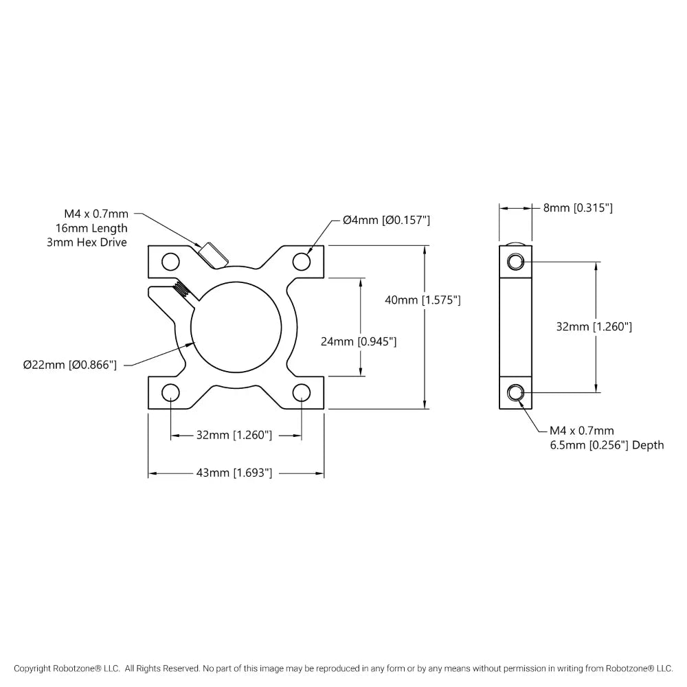 ServoCity 1401シリーズ 2サイド、2ポスト クランプマウント (幅 43mm、内径 22mm)
