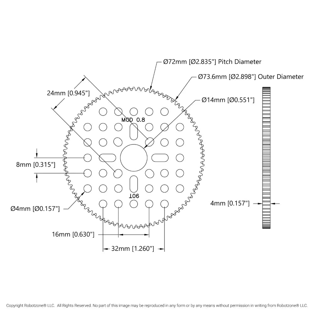 ServoCity ハブマウントギア (歯数 90、MOD 0.8、厚さ 4mm、アセタール製)