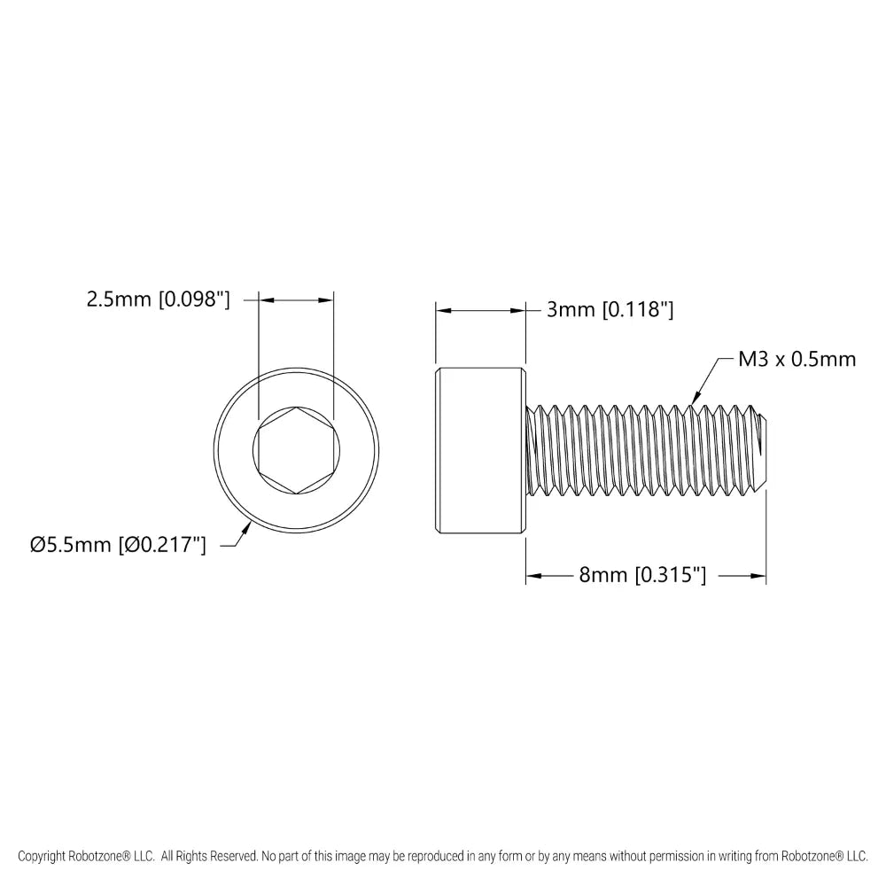 ServoCity 亜鉛メッキ鋼製ソケットヘッドネジ (M3 x 0.5mm、長さ 8mm) - 6 個パック