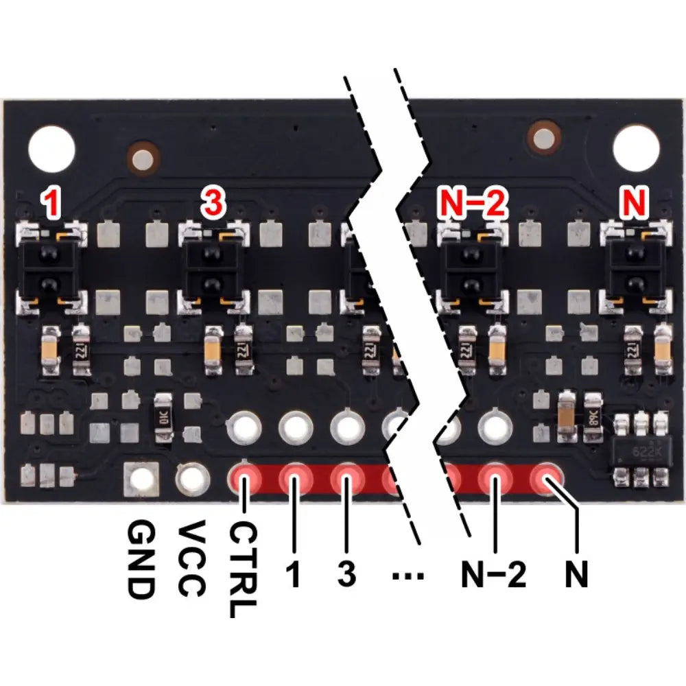 Pololu QTRX-MD-07RC 反射率センサーアレイ: 7 チャンネル、8 mm ピッチ、RC 出力、低電流
