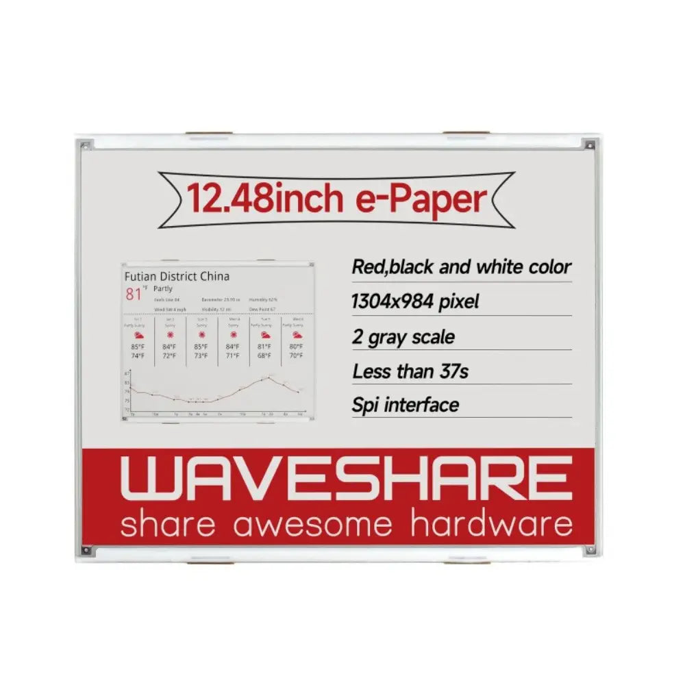Waveshare 12.48インチ E-Ink Raw ディスプレイ、1304×984、赤/黒/白 3色