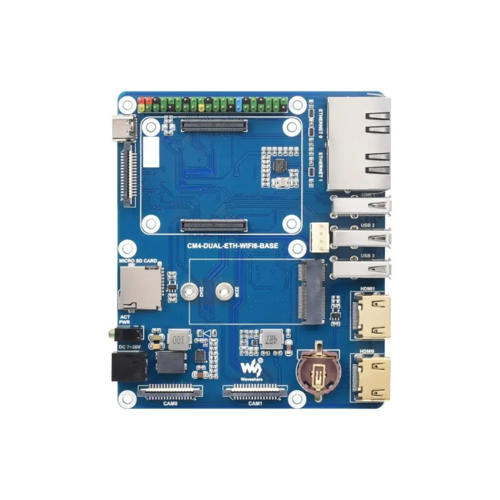 Waveshare WIFI6 デュアル ETH ミニコンピューター、Raspberry Pi CM4 用 (別売)、オンボード M.2 E (ボード、ケース、EU 電源)