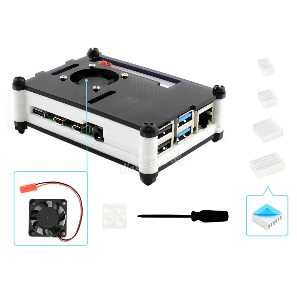 Waveshare ブラック/ホワイト アクリルケース Raspberry Pi 4 用 冷却ファン付き