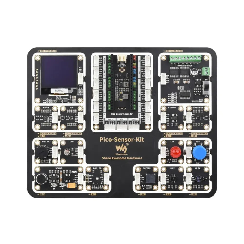 Waveshare Raspberry Pi Pico エントリーレベル センサー キット、Pico 拡張ボードと 15 個の共通モジュール付き、オールインワン設計