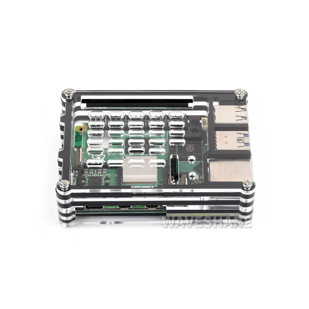 Waveshare 透明&amp;黒アクリルケース Raspberry Pi 5用、公式アクティブクーラーの取り付けをサポート
