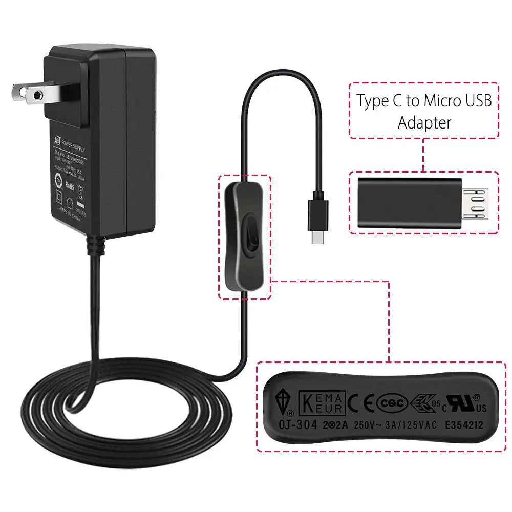 52Pi 5V 3.6A USプラグ電源アダプター（スイッチオン/オフケーブル付き）