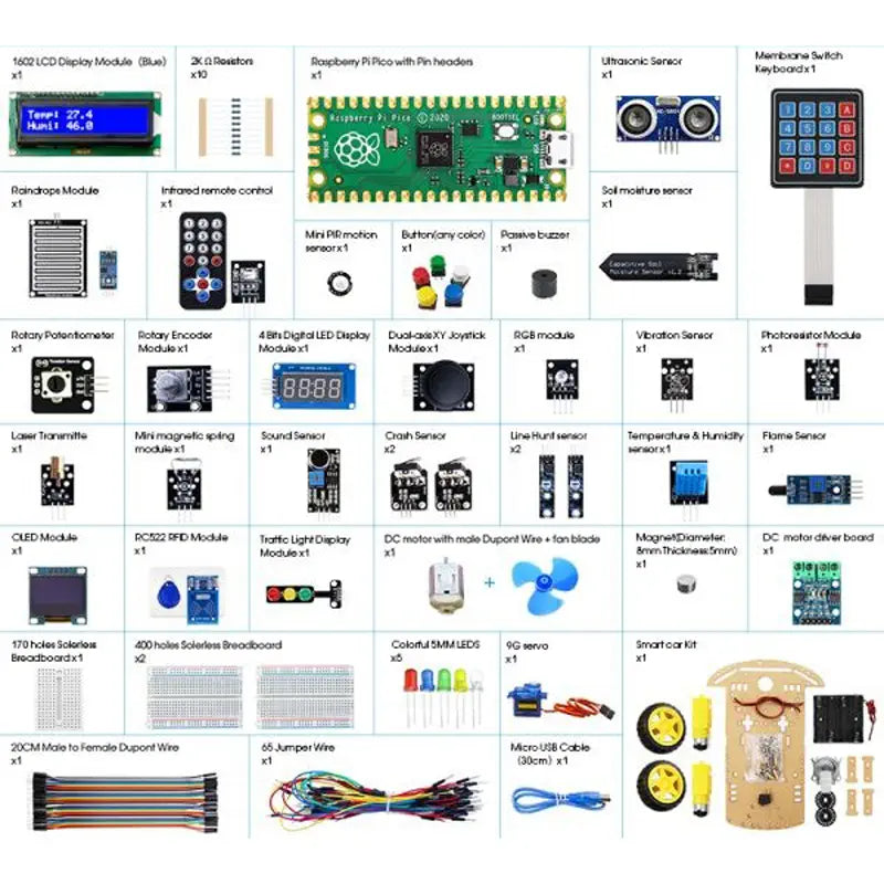 Elecrow Raspberry Pi Pico アドバンスキット (32個のモジューおよび32種類のプロジェクト付き、Raspberry Pi Picoボード無し)
