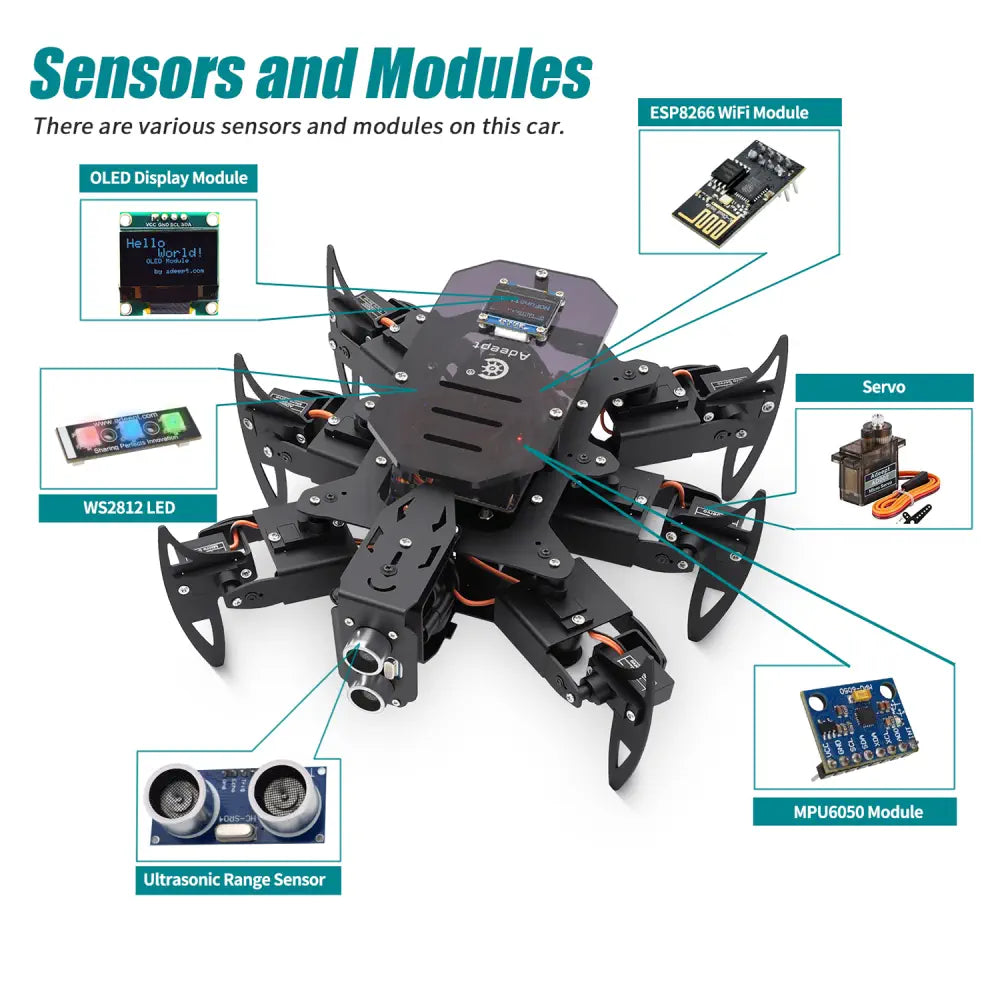 Adeept 六脚 金属製スパイダロボットキット (Pixie Board V3.0付属)