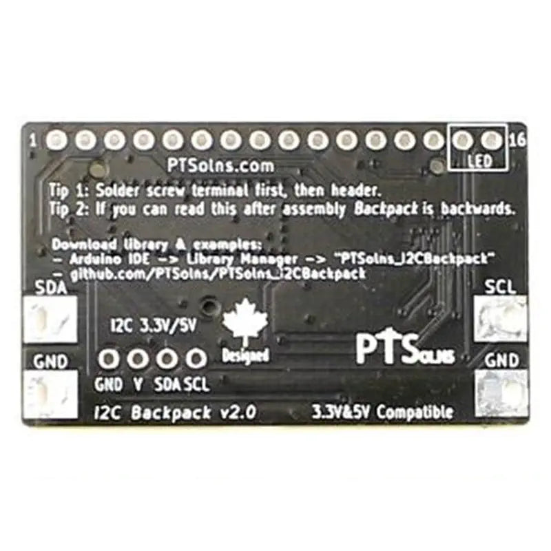 PTSolns I2Cバックパック (1602 および 2004 LCDキット用)
