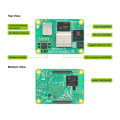 Raspberry Pi コンピューティング モジュール 5 - 4GB RAM、32GB EMMC、2.4/5.0GHz Wi-Fi および Bluetooth 5.0 (CM5104032)