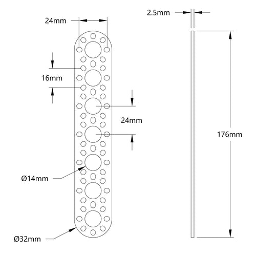 ServoCity 1105シリーズ ラウンドエンド パターンプレート (7穴、長さ 176mm)