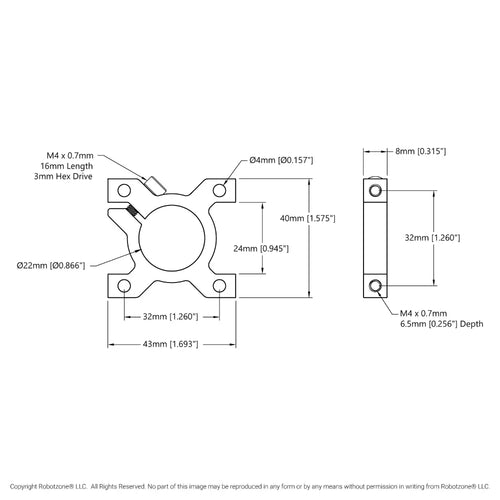 ServoCity 1401シリーズ 2サイド、2ポスト クランプマウント (幅 43mm、内径 22mm)