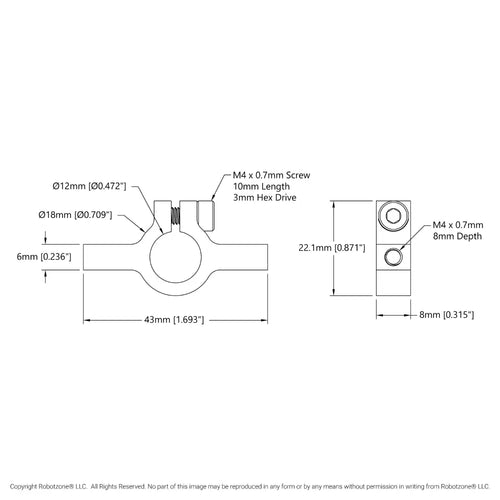 ServoCity 1402シリーズ 2サイド、1ポスト クランプマウント (幅 43mm、内径 12mm)